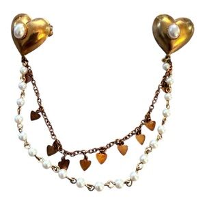 1950’s Vintage Heart Sweater Clip, Double Strand, Gold with Pin Backs, 7.5”